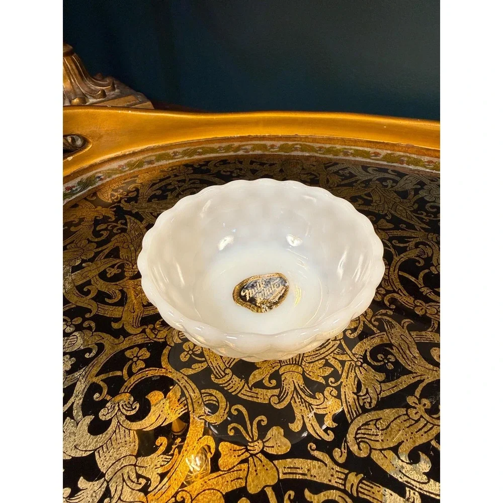 Vintage‎ Milk Glass Bowl with Label | Mid Century Scalloped White Dish 4.5